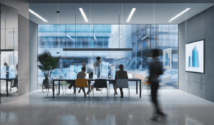 modern office while employees work at table with blurred people walking around