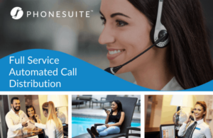 graphic of phonesuite's full service automated call distribution with photos of a woman with a headset on, two people checking into a hotel, a woman on a lounge chair using a phone, and a hotel employee on the phone