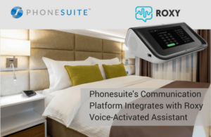 graphic of phonesuite's roxy voice-activated assistant in a hotel room