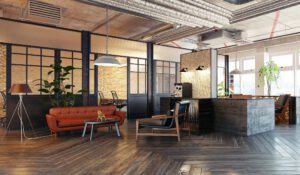 hotel lobby with seating area and coffee maker