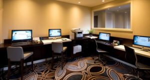 a business center in a hotel room with four computer monitors and a print machine