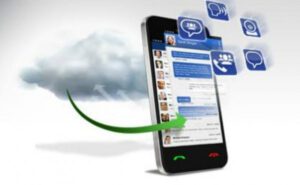 smartphone with communication icons floating above and an arrow to show how data is shared on a cloud