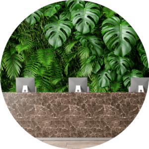 Stone desk of a hotel with 3 computer monitors on top with a large green wall garden behind